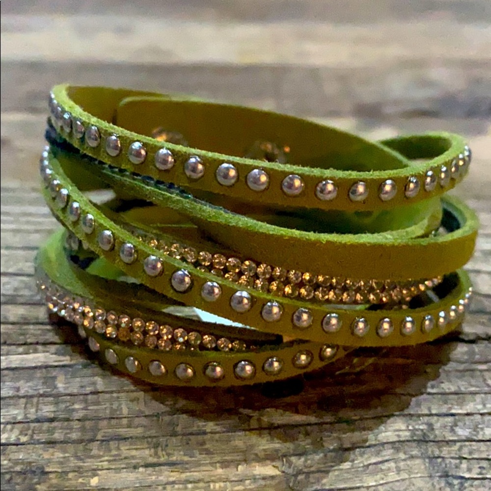 Green leather and jeweled bracelet! New!